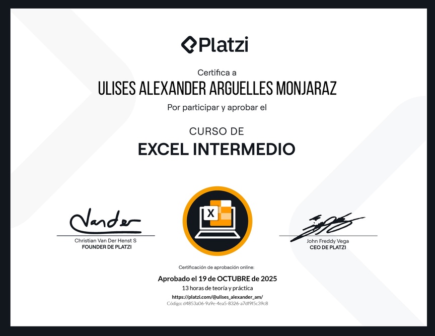 Diploma del Curso de Excel Intermedio