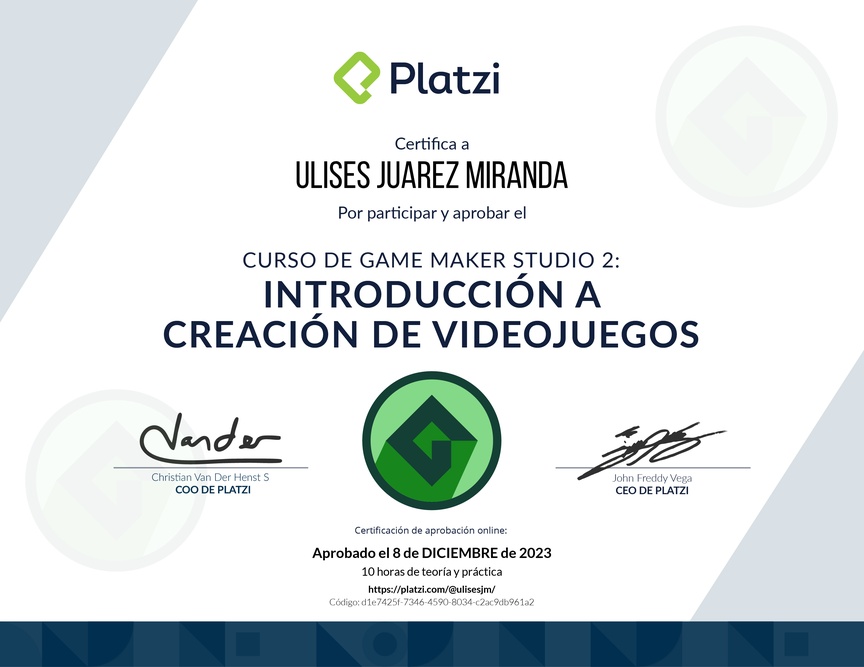 Diploma del Curso de Game Maker Studio 2: Introducción a Creación de Videojuegos