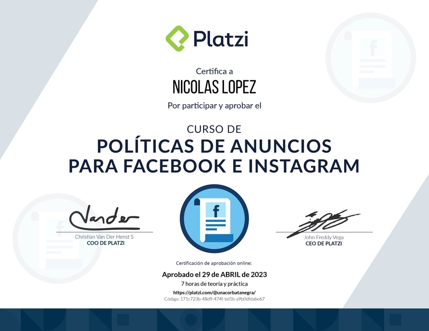 Diploma del Curso de Políticas de Anuncios en Facebook e Instagram