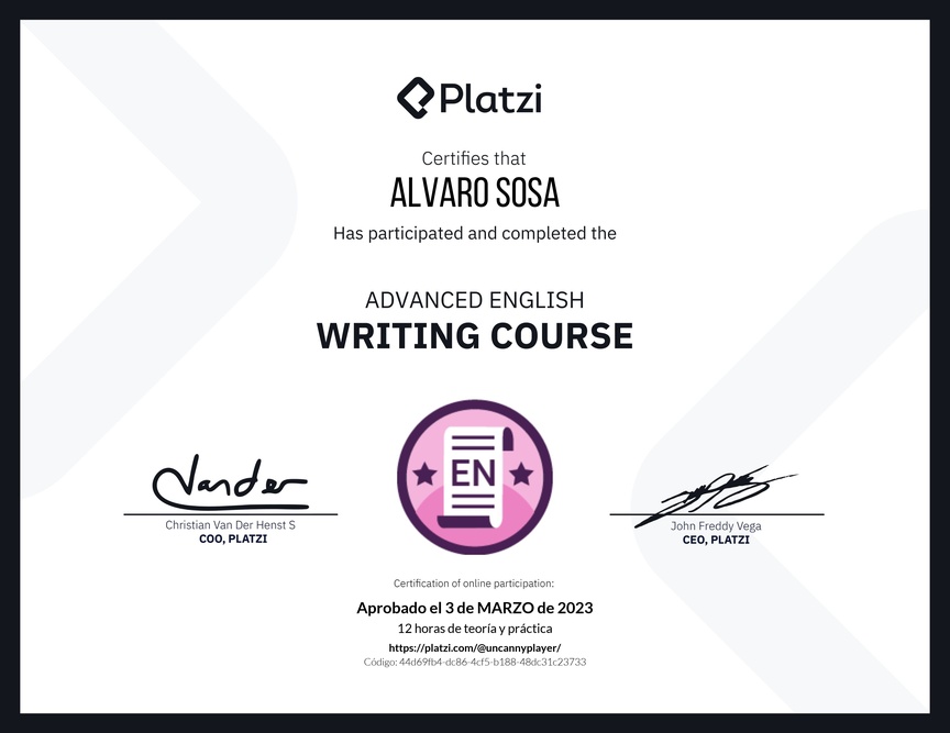 Diploma del Curso Avanzado de Escritura en Inglés