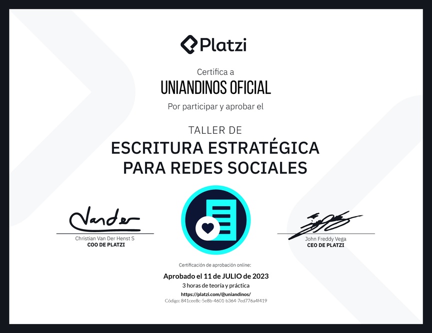 Diploma de Taller de Escritura Estratégica para Redes Sociales