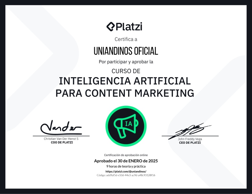 Diploma del Curso de Inteligencia Artificial para Content Marketing