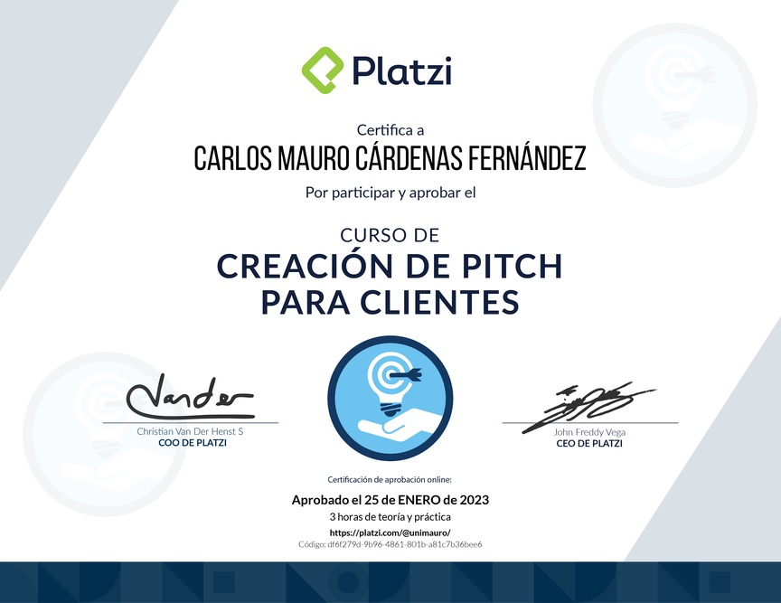 Diploma del Curso de Creación de Pitch para Clientes