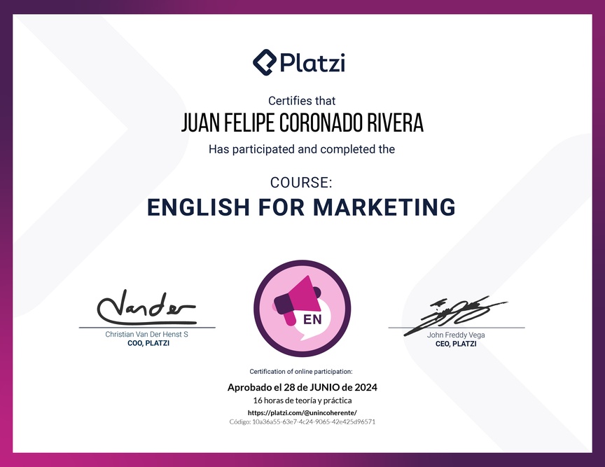 Diploma del Curso para Marketing en Inglés (2020)