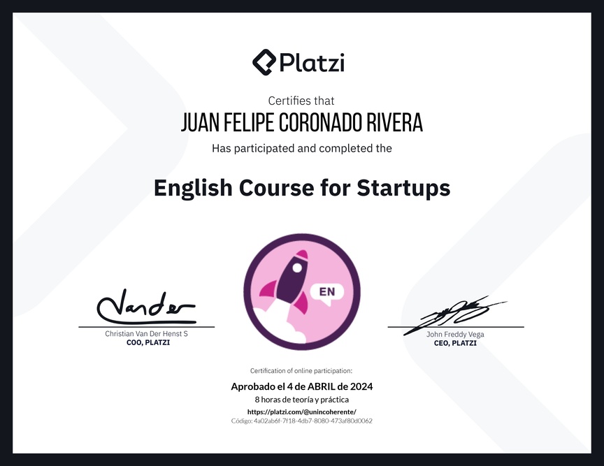 Diploma del Curso de Inglés para Startups