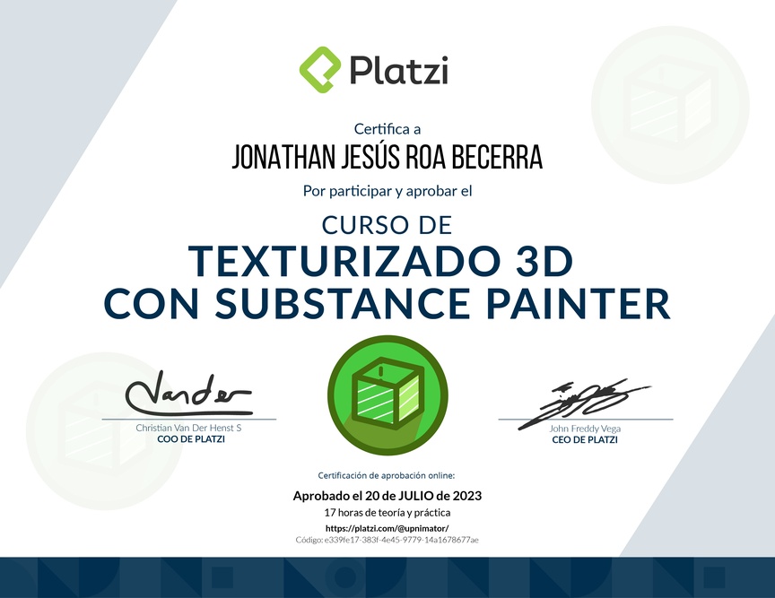 Diploma del Curso de Texturizado 3D con Substance Painter