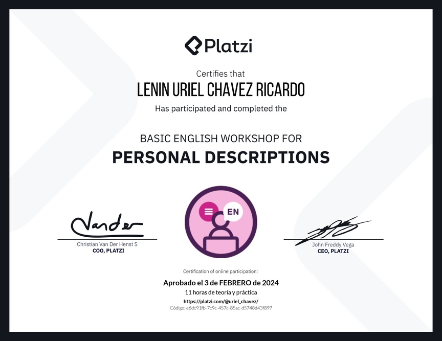 Diploma del Curso de Inglés Práctico para Descripciones Personales (2020=