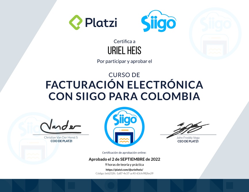 Diploma del Curso de Facturación Electrónica con Siigo para Colombia