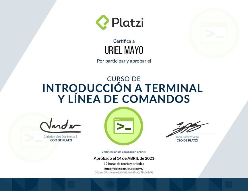 Diploma del Curso de Introducción a la Terminal y Línea de Comandos 2019