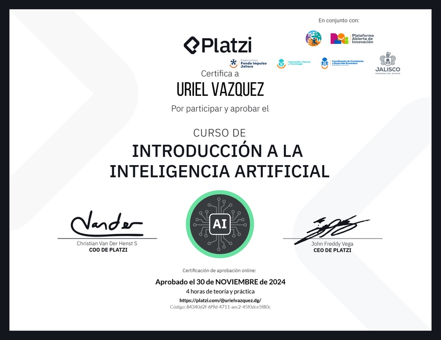 Diploma del Curso Gratis de Introducción a la Inteligencia Artificial