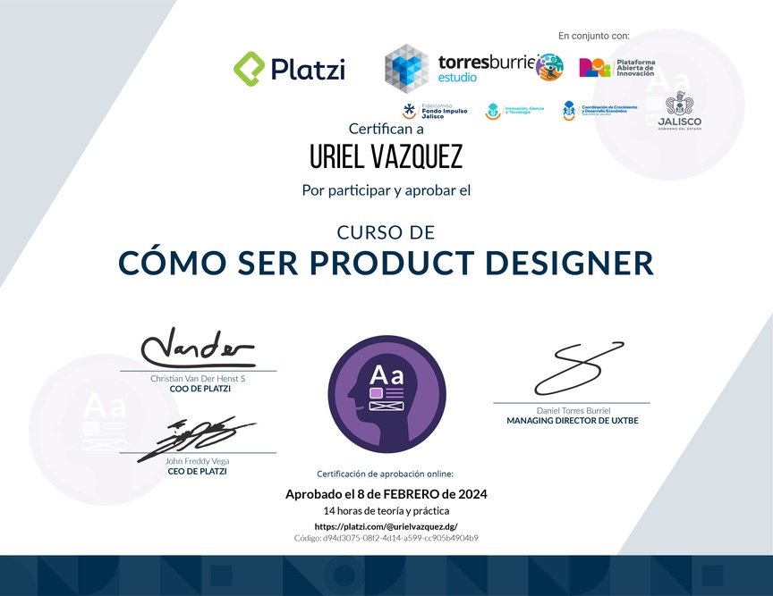 Diploma del Curso de Cómo Ser Product Designer