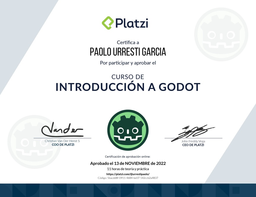 Diploma del Curso Introductorio de Desarrollo de Videojuegos con Godot