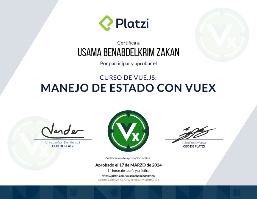 Diploma del Curso de Vue.js: Manejo del Estado con  Vuex