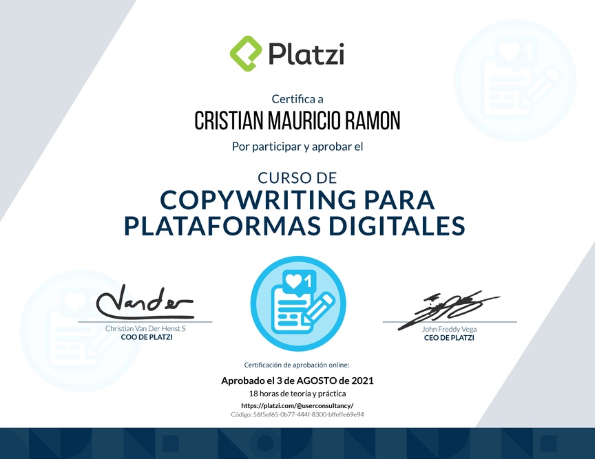 Diploma del Curso de Copywriting para Plataformas Digitales