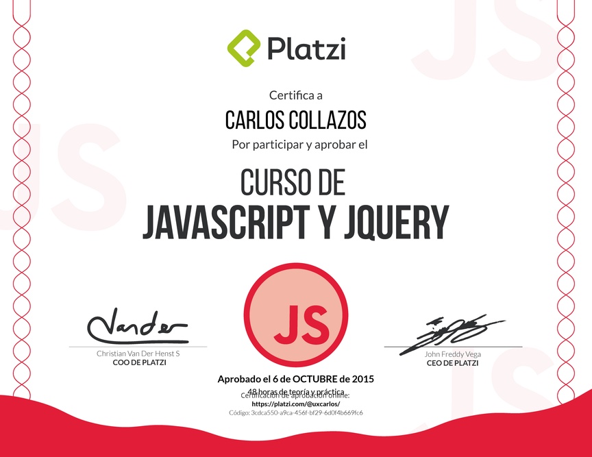 Diploma del Curso de Javascript y JQuery Febrero 2015