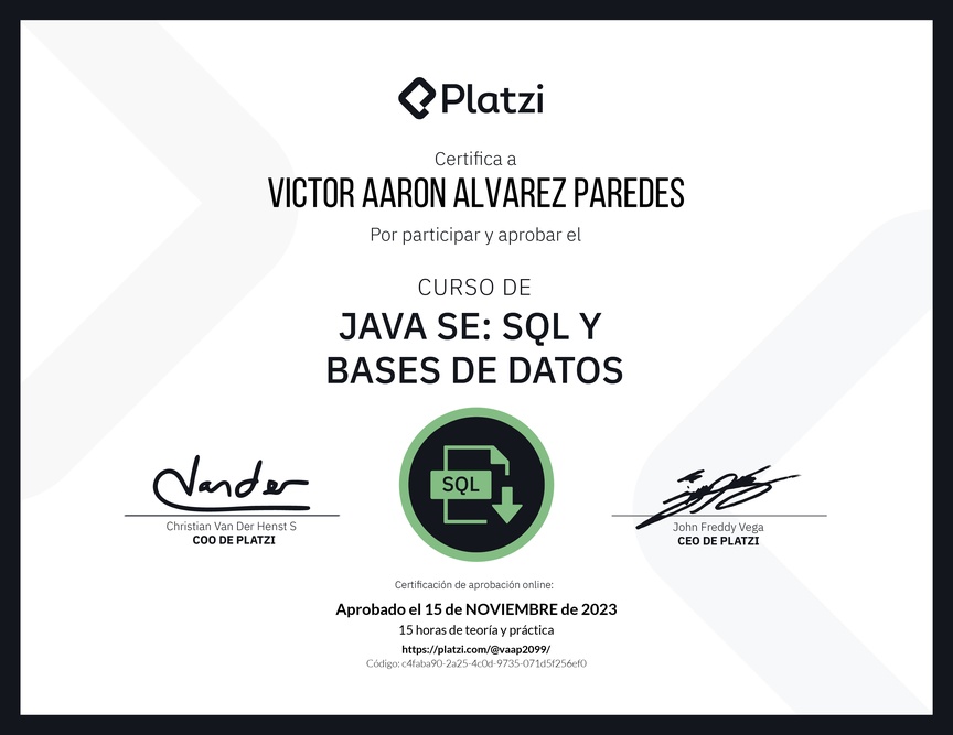 Diploma del Curso de Java SE: SQL y Bases de Datos