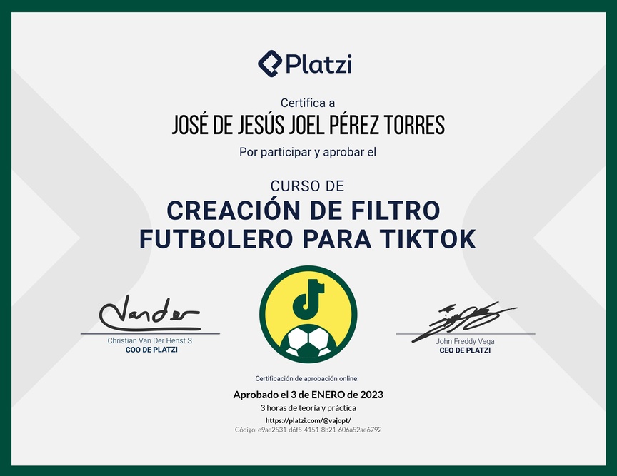 Diploma de Creación de Filtro Futbolero para TikTok