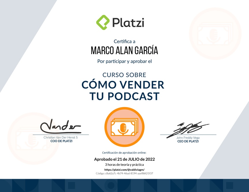 Diploma del Curso sobre Cómo Vender tu Podcast