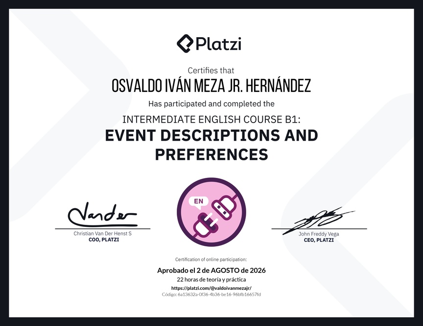 Diploma del Curso de Inglés Intermedio B1: Descripción de Eventos y Preferencias