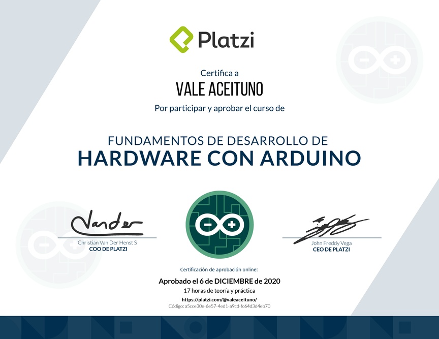Diploma del Curso Fundamentos de Desarrollo de Hardware con Arduino