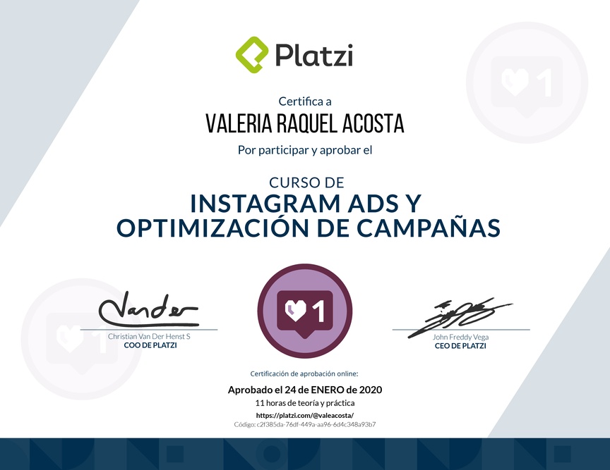 Diploma del Curso de Instagram Ads y Optimización de Campañas 2018