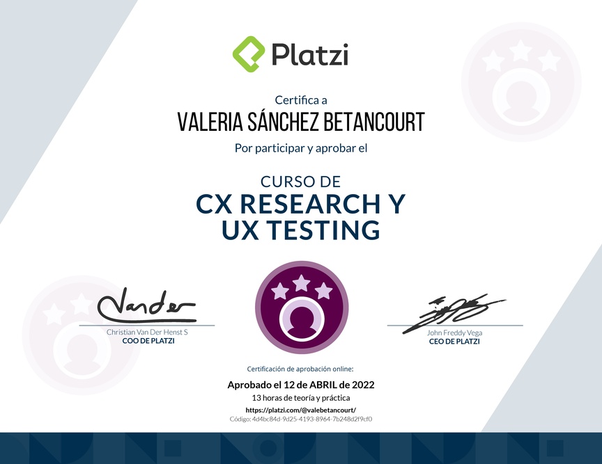Diploma del Curso de CX Research y UX Testing
