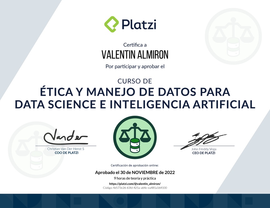 Diploma del Curso de Ética y Manejo de Datos para Data Science e Inteligencia Artificial