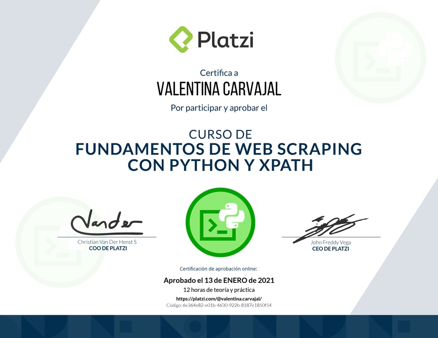 Diploma del Curso de Fundamentos de Web Scraping con Python y Xpath