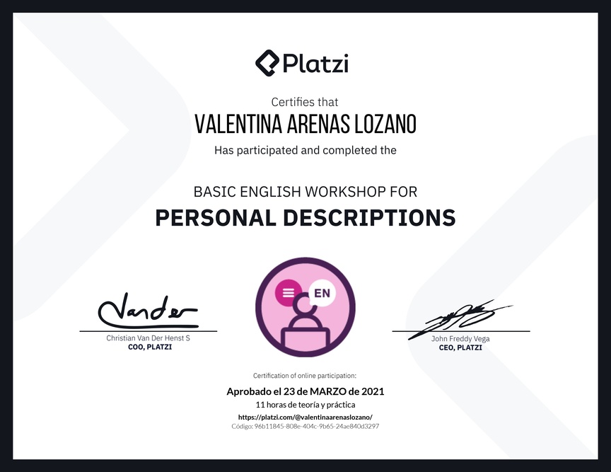 Diploma del Curso de Inglés Práctico para Descripciones Personales (2020=