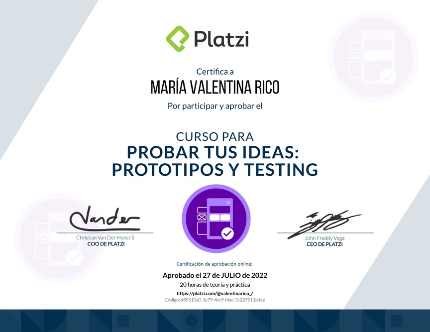 Diploma del Curso de validación de Ideas: Prototipos y Testing Exitosos
