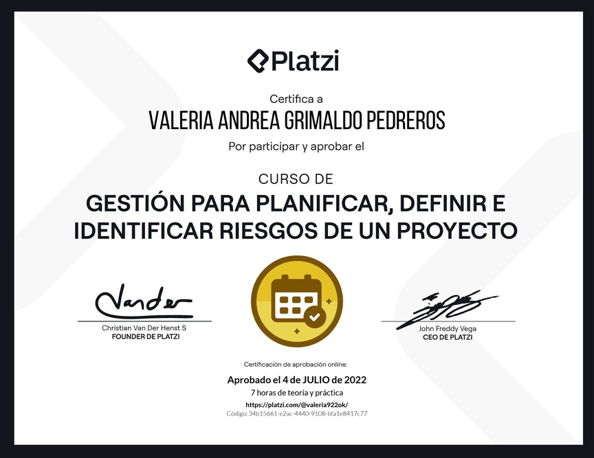 Diploma del Curso de Gestión para Planificar, Definir e Identificar Riesgos de un Proyecto