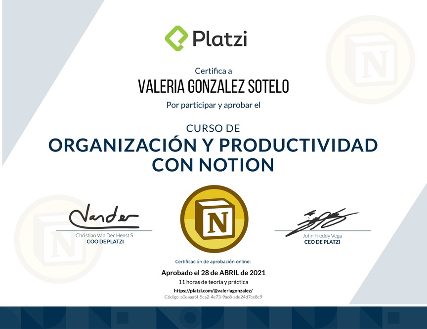 Diploma del Curso de Organización y Productividad con Notion (2021)