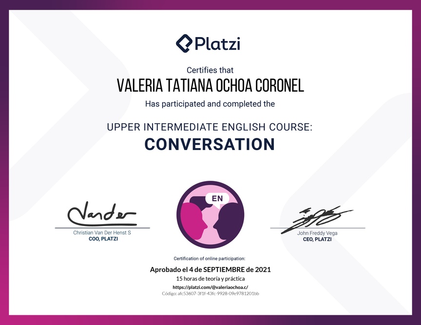 Diploma del Curso de Inglés Intermedio Alto: Conversación 2020