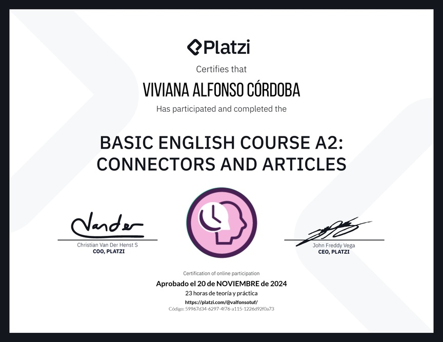Diploma del Curso de Inglés Básico A2: Conectores y Artículos