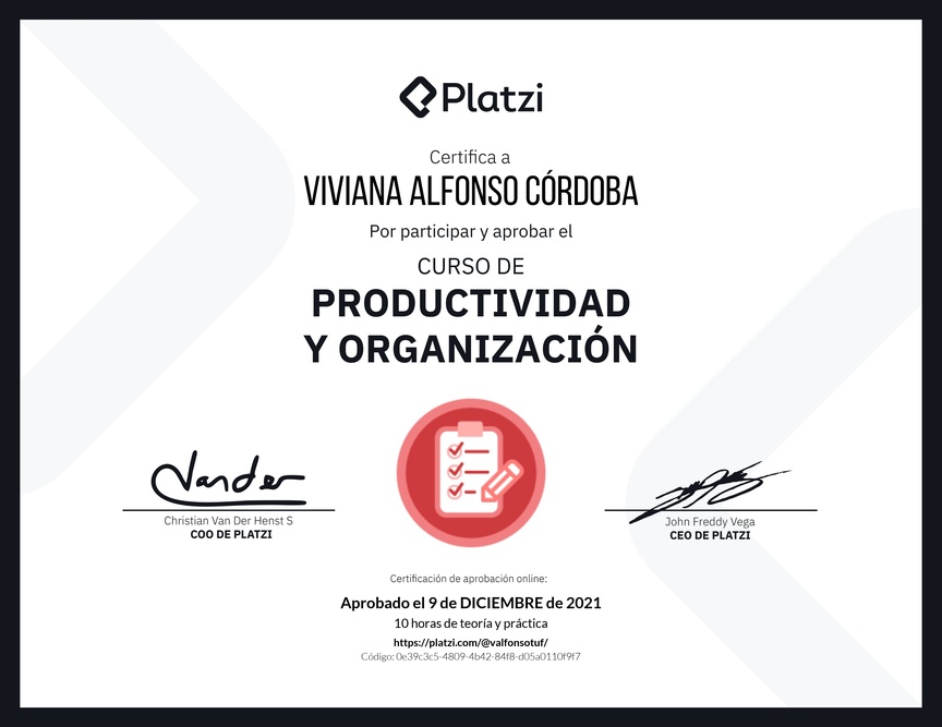 Diploma del Curso de Productividad y Organización
