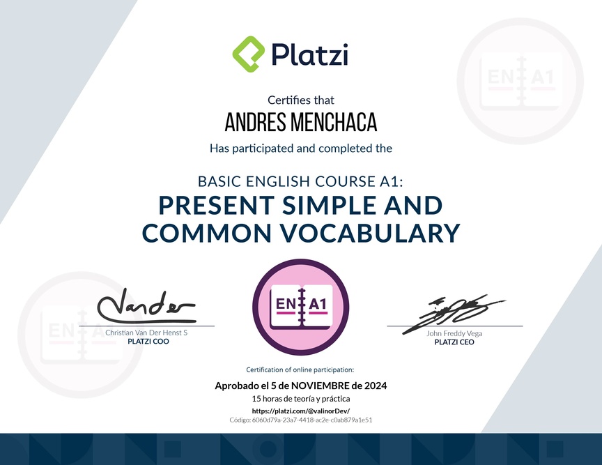Diploma del Curso de Inglés Básico A1: Presente Simple y Vocabulario Común (2021)