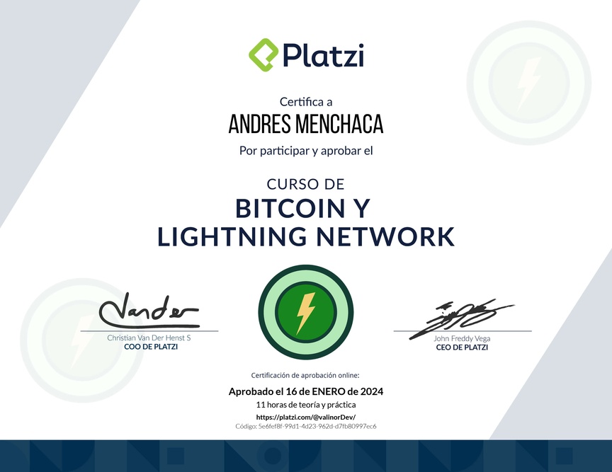 Diploma del Curso de Bitcoin y Lightning Network