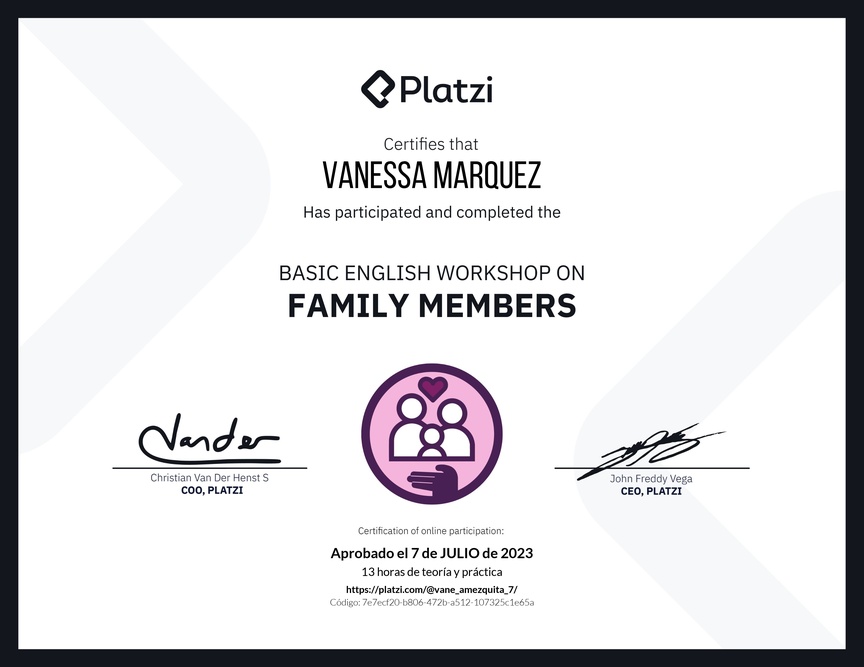 Diploma del Curso de Inglés Práctico sobre los Miembros de la Familia