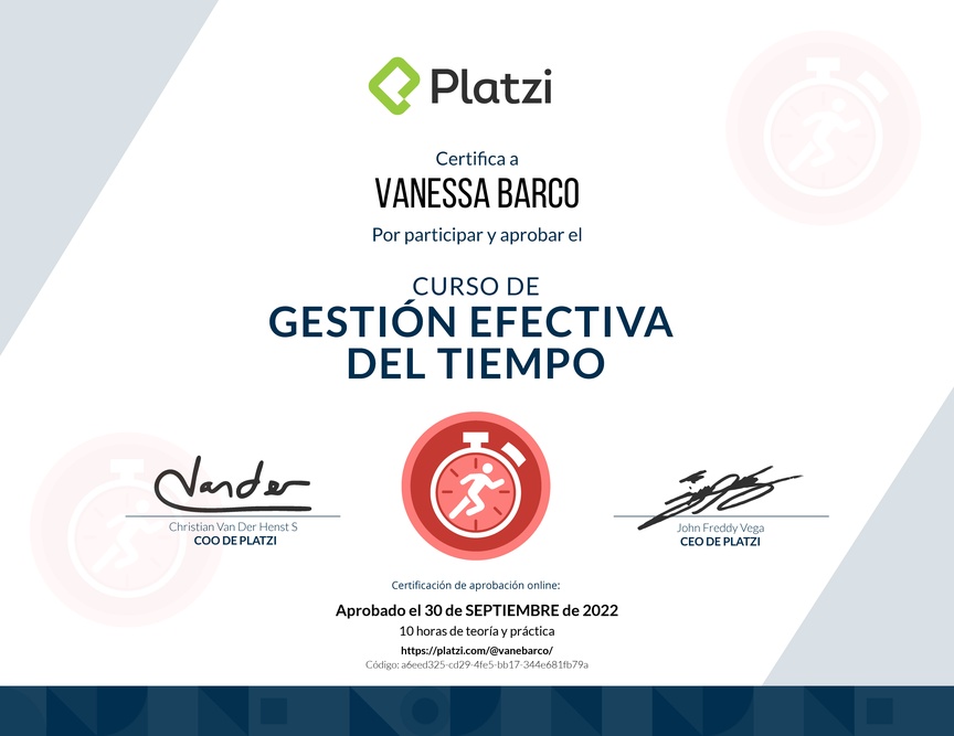 Diploma del Curso de Gestión Efectiva del Tiempo