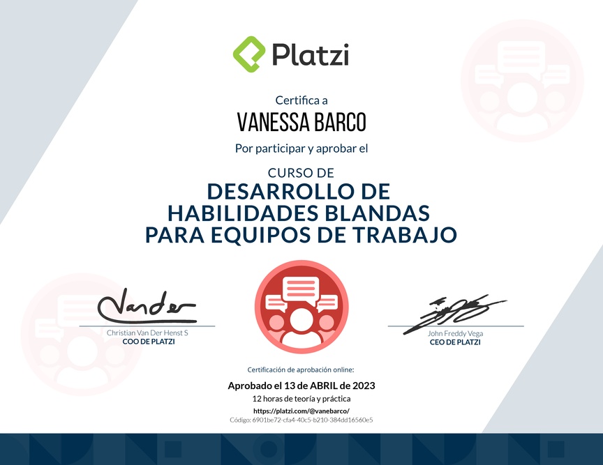 Diploma del Curso de Desarrollo de Habilidades Blandas para Equipos de Trabajo