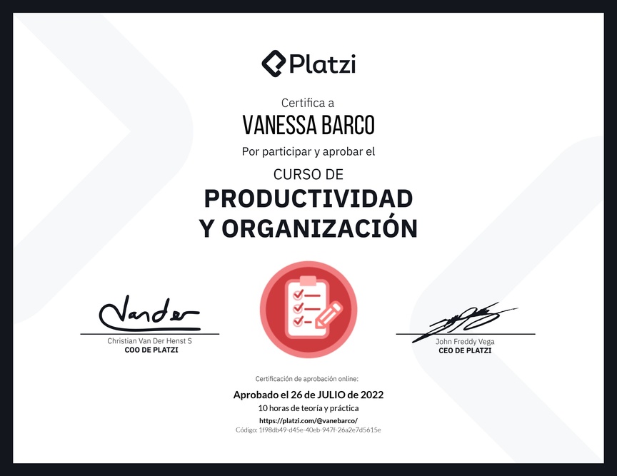 Diploma del Curso de Productividad y Organización