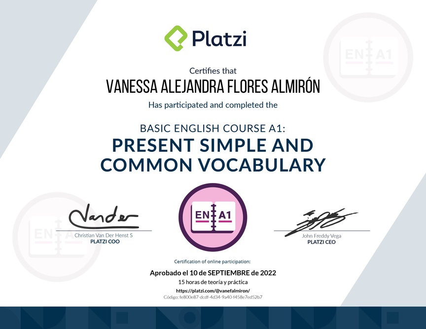 Diploma del Curso de Inglés Básico A1: Presente Simple y Vocabulario Común (2021)