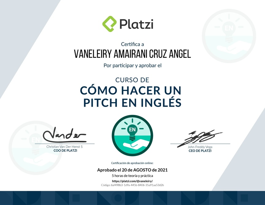 Diploma del Curso de Cómo Hacer un Pitch en Inglés para Levantar Capital
