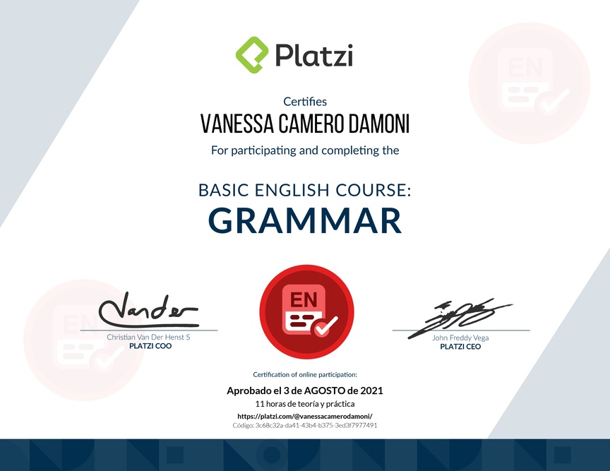 Diploma del Curso de Inglés Básico: Gramática 2018