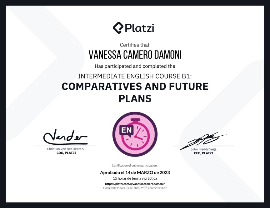 Diploma del Curso de Inglés Intermedio B1: Comparativos y Planes Futuros