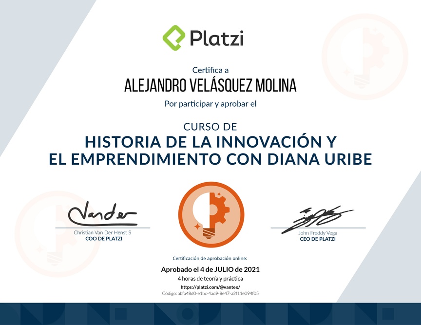 Diploma del Curso de Historia de la Innovación y el Emprendimiento con Diana Uribe