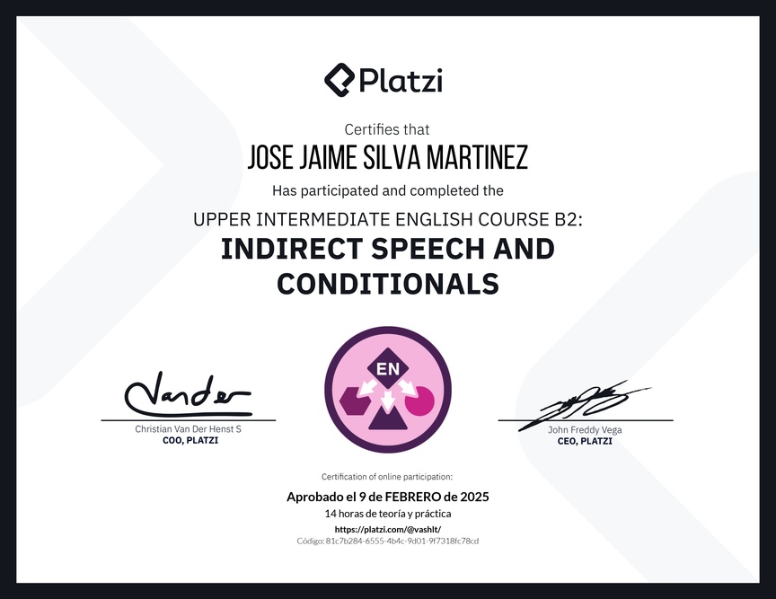 Diploma del Curso de Inglés Intermedio Alto B2: Discurso Indirecto y Condicionales