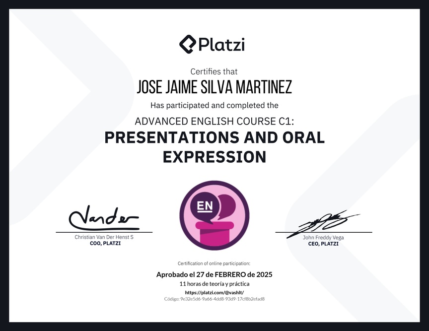 Diploma del Curso de Inglés Avanzado C1: Presentaciones y Expresión Oral