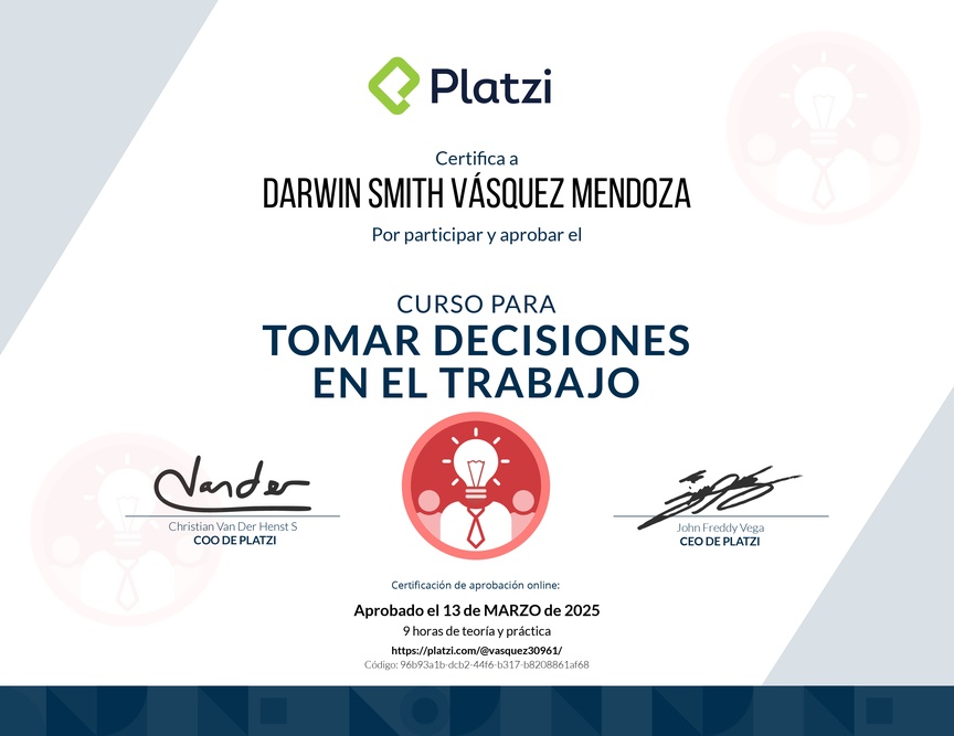 Diploma del Curso para Tomar Decisiones en el Trabajo