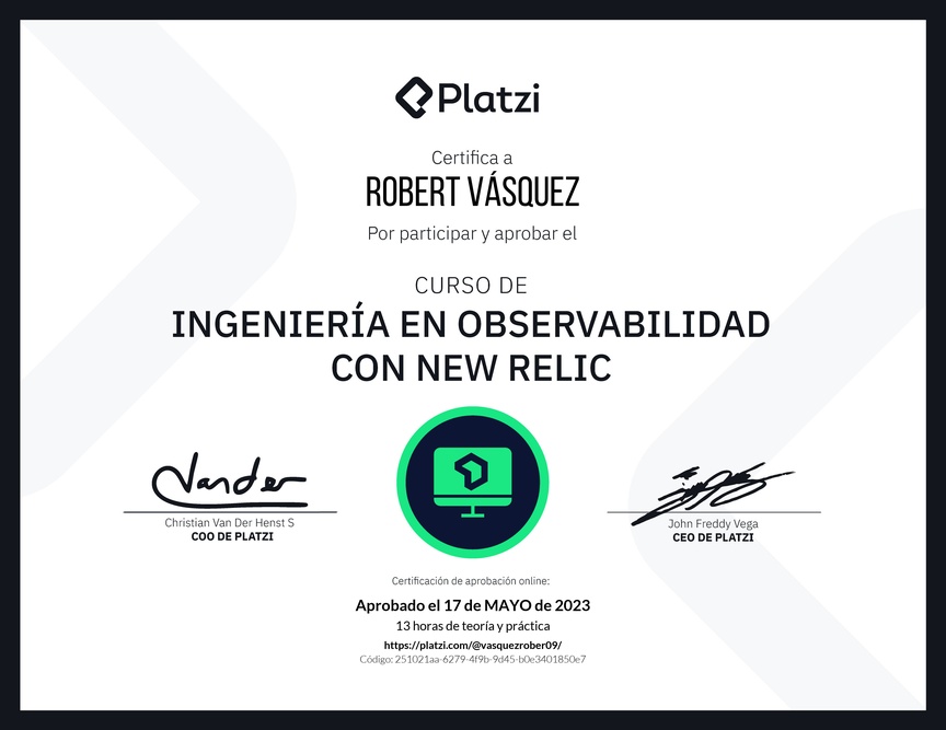 Diploma del Curso de Ingeniería en Observabilidad con New Relic
